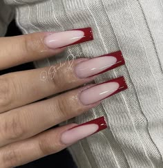 Red Nails With White French Tip, Red Pearl Nails, French Tip Nails Square, Hoco Nails, Nagel Design, Hello Kitty Bow, Nail Decor, White French Tip, Tooth Gem