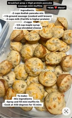 the recipe for mini muffins in a plastic container with instructions on how to make them