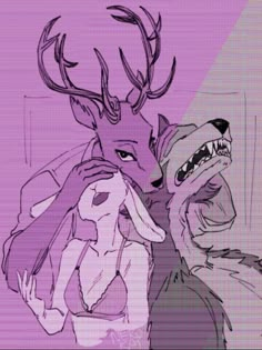 a drawing of a deer and a woman hugging each other