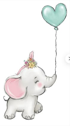 an elephant with a flower on its head holding a heart shaped balloon in the air