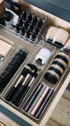 the drawer is full of makeup and cosmetics