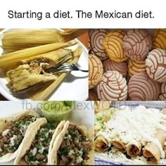 mexican food is shown in four different pictures, including tortillas and corn on the cob