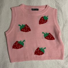 Strawberry Sweater Vest Never Worn, Perfect Condition Pink Crew Neck Vest For Spring, Trendy Pink Sweater Vest For Fall, Casual Pink Winter Sweater Vest, Casual Pink Sweater Vest For Winter, Casual Pink Sweater Vest For Fall, Trendy Pink Sweater Vest For Winter, Pink Fitted Casual Sweater Vest, Fitted Pink Sweater Vest, Casual Style, Fitted Pink Casual Sweater Vest