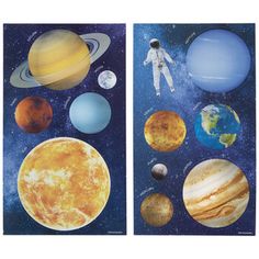 two pictures of the planets and their satellites in space, each with an individual's own solar system