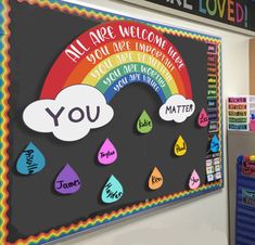 a bulletin board with words on it and an image of a rainbow in the background