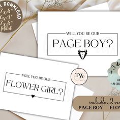 two flower girl stickers with the words will you be our page boy? on them