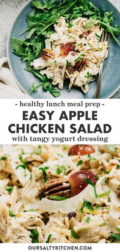 chicken salad on a plate with text overlay that reads healthy lunch meal prep - easy apple chicken salad