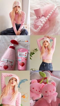 a collage of photos with pink items