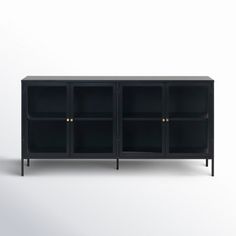 the sideboard is black and has three shelves on each side, one with two doors