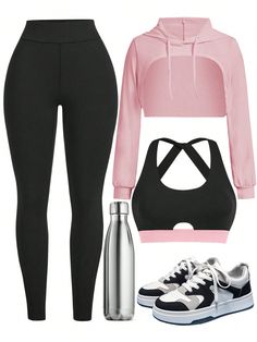 Multicolor  Collar Long Sleeve  Plain Leggings Embellished Medium Stretch  Women Activewear Super Cropped Hoodie, Adrette Outfits, Look Legging, Fitness Wear Outfits, Cute Gym Outfits, Casual Preppy Outfits, Trendy Outfits For Teens, Cute Preppy Outfits, Pink Sports