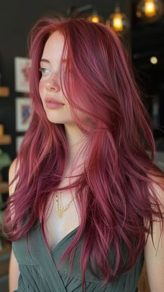 Red Hair Colour Shades, Crimson Red Hair Color, Colors Of Red Hair Shades, Hair Colors For Medium Skin Tone, Hair Color Ideas Long Hair, Different Shades Of Red Hair Color, Crimson Hair Color, Pink Red Hair Color, Red Violet Hair Color With Highlights