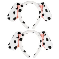 two white and black dalmatian headbands with pink bows on each side