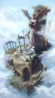 an angel statue sitting on top of a floating island in the sky with clouds surrounding it