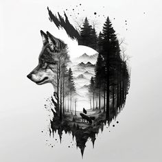 a wolf is standing in the middle of a forest with mountains and trees on it