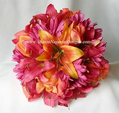 a bouquet of pink and orange flowers on a white background