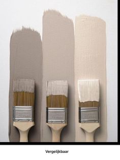 three paintbrushes are lined up against the wall with different shades of gray and white