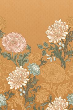 an orange and blue flowered wallpaper with green leaves on the bottom right corner