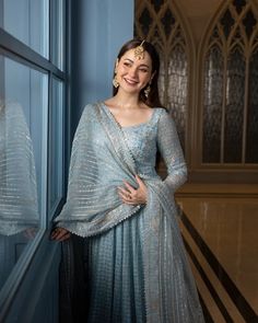 Pakistani Wedding Dress in Blue Pishwas Frock Style is a perfectly stitched attire in premium quality fabric. Lavish designs, tilla, and resham give a glamorous touch to this breathtaking Pishwas Dress, making it an epitome of beauty and grace. Hania Amir Lehenga, Haina Amir Dresses, Hania Amir Aesthetic, Simple Engagement Dress, Ambani Wedding, Faiza Saqlain, Hania Aamir, Bridesmaid Dresses Ideas, Muslim Bridal