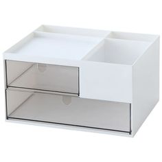 a white drawer with two drawers on the bottom and one drawer open to show what's inside