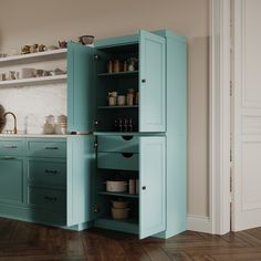 an open cabinet in the middle of a kitchen with wooden floors and cabinets on both sides