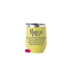 a yellow cup with the words nurse on it and a pink flower in front of it