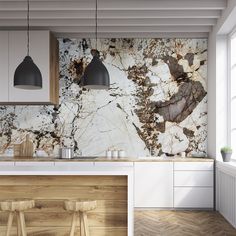 a kitchen with marble counter tops and wooden stools