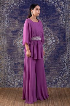 Lilac peplum top with white pearl and dabka hand embroidery on the waist. Paired with a sharara. - Aza Fashions Sharara Set, Three Quarter, Aza Fashion, Pearl White, Fashion Set, Peplum Top, Hand Embroidery, Lilac, Types Of Sleeves