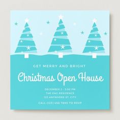 a christmas open house party card with three trees on the front and blue sky in the background