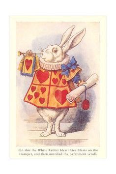 a white rabbit in a red dress with hearts on it's chest holding a knife