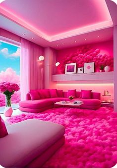 a living room with pink carpet and white furniture