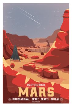 an image of a poster with the words destination mars on it's back ground