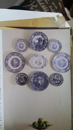 an open book with blue and white plates on it