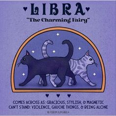 an advertisement for libra the charming fairy with two black cats and one white cat