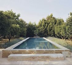 an outdoor swimming pool surrounded by trees and grass with steps leading up to the pool