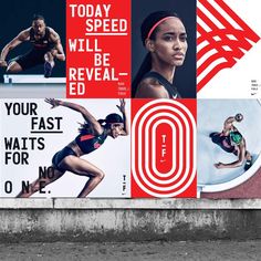 an advertisement for nike is shown on the side of a wall with images of women running