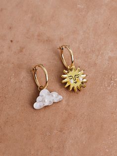 Sun & Cloud Hoops Wolf And Moon Earrings, Moon And Sun Earrings, Inked Illustration, Saturn Charm, Celestial Earrings, Sun Charm, Hoop Charms, Gold Filled Hoops, Wolf Moon