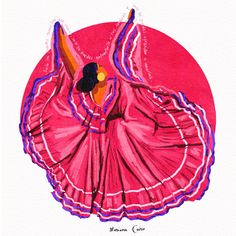 a watercolor painting of a woman in a pink dress with an orange ballerina