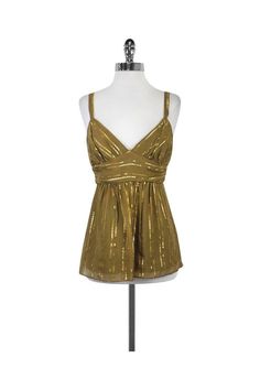 Current Boutique-Milly - Gold Metallic Silk Spaghetti Strap Top Sz 6 Elegant Fitted Gold Top, Gold Tops For Formal Party Season, Gold Formal Tops For Party Season, Chic Gold Tops For Party Season, Chic Gold Tops For Festive Occasions, Fitted Gold Top For Holidays, Chic Gold Festive Tops, Elegant Summer Festive Tops, Elegant Festive Summer Tops