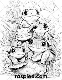 three frogs sitting on top of each other in the grass with flowers and leaves around them