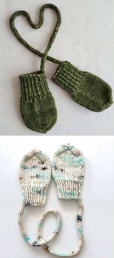 knitted mittens, gloves and bracelets are shown in two different ways to make them