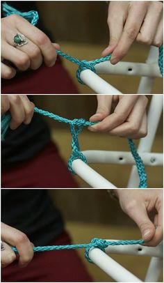 three pictures showing how to tie a rope around an object with two hands and one hand