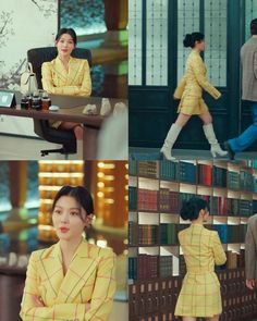 woman in yellow dress and boots walking past bookshelves, while man walks by