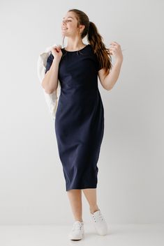 Update your closet basics with the Spencer dress! This comfortable short sleeved dress is made from a high quality soft and stretchy ponte knit fabric — making it sure to become a favorite in all seasons. Featuring a simple crewneck, back zipper and below-the-knee length for easy wear, this piece is a flattering staple for all body types! Pair the Spencer with slip-on flats, casual sneakers or wedge heel sandals to create a look that is completely YOU! Exclusively designed with you in mind. 95% Simple Crewneck, Closet Basics, Modest Wardrobe, Short Sleeved Dress, The Spencer, Wardrobe Needs, Wedge Heel Sandals, Sleeved Dress, Modest Clothing