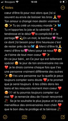 the text on the phone is written in french and has many different colored hearts around it