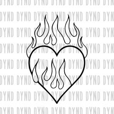 a heart with flames in the middle, on a white background that says dynd and