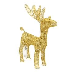 a gold reindeer ornament on a white background