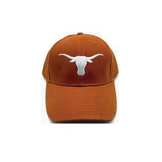 an orange hat with a longhorn skull on the front and white stitching in the middle