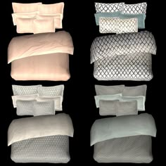 four different types of bed linens and pillows on a black background with reflection in the floor