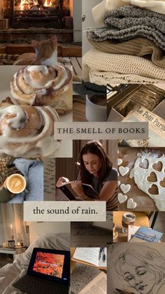 there is a collage of pictures with different things in it that include books, bread and coffee