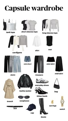 capsule wardrobe:tank tops,short sleeves tops,long sleeves top,cardigans,shirt,vest,jeans,mini short,trousers,mini skirt,midi skirt,trench,leather jacket,shoes,sneakers,kitten heels,boots,sunglasses,belt,cap,earrings,watch,bag Spring 2024 Fashion Trends Black Women, Capsule Wardrobe Casual, Winter Capsule, Outfit Inspo Casual, Everyday Fashion Outfits, Wardrobe Outfits, Fashion Capsule, Open Arms